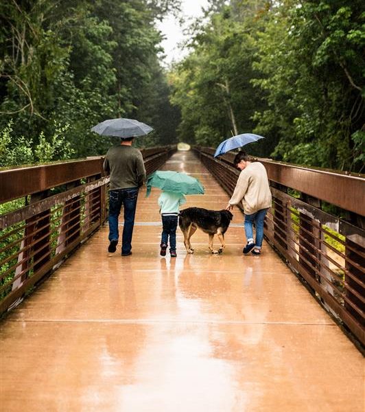 Family walking on bridge in the rain.