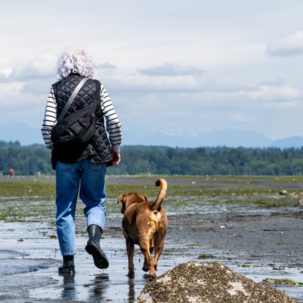 Woman walking with dog on the beach.